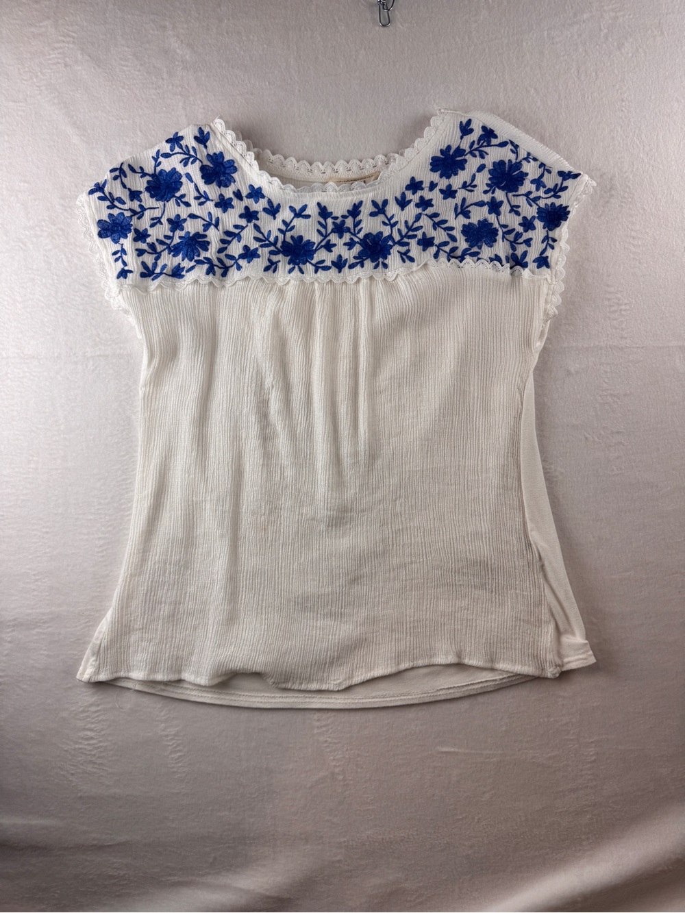 White Embroidered Yoke Blouse with Blue Floral Detail